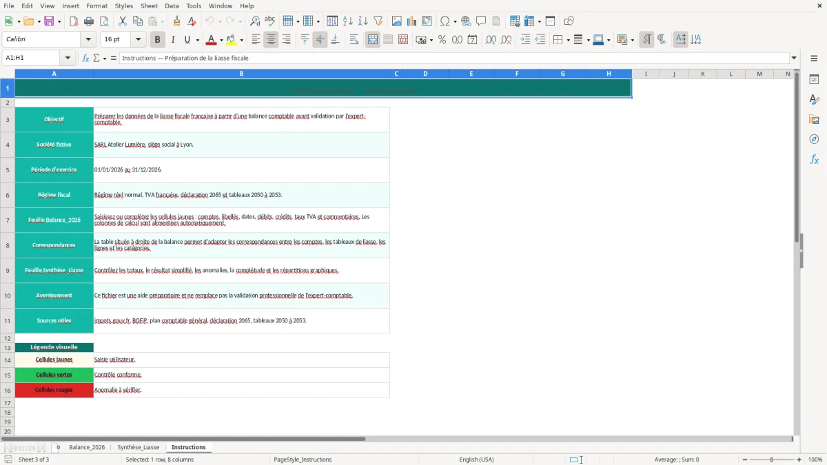 Capture 3 : feuille Instructions - Modèle Excel liasse fiscale préparation excel