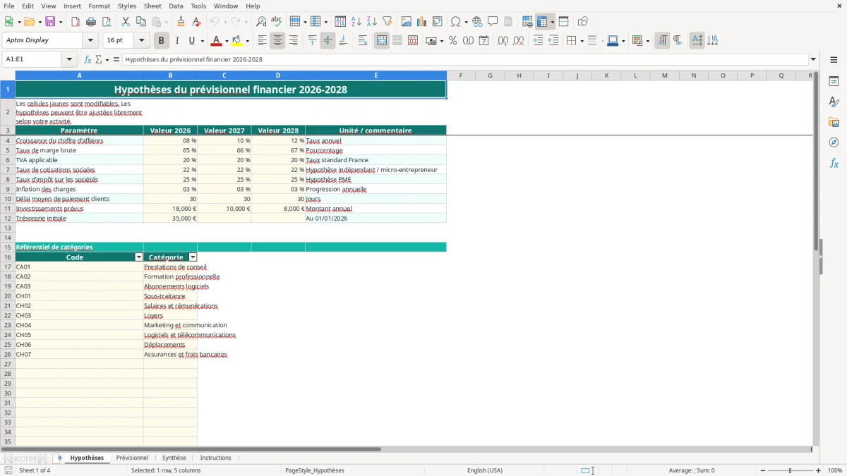 Capture 1 : feuille Hypothèses - Modèle Excel prévisionnel financier 3 ans excel