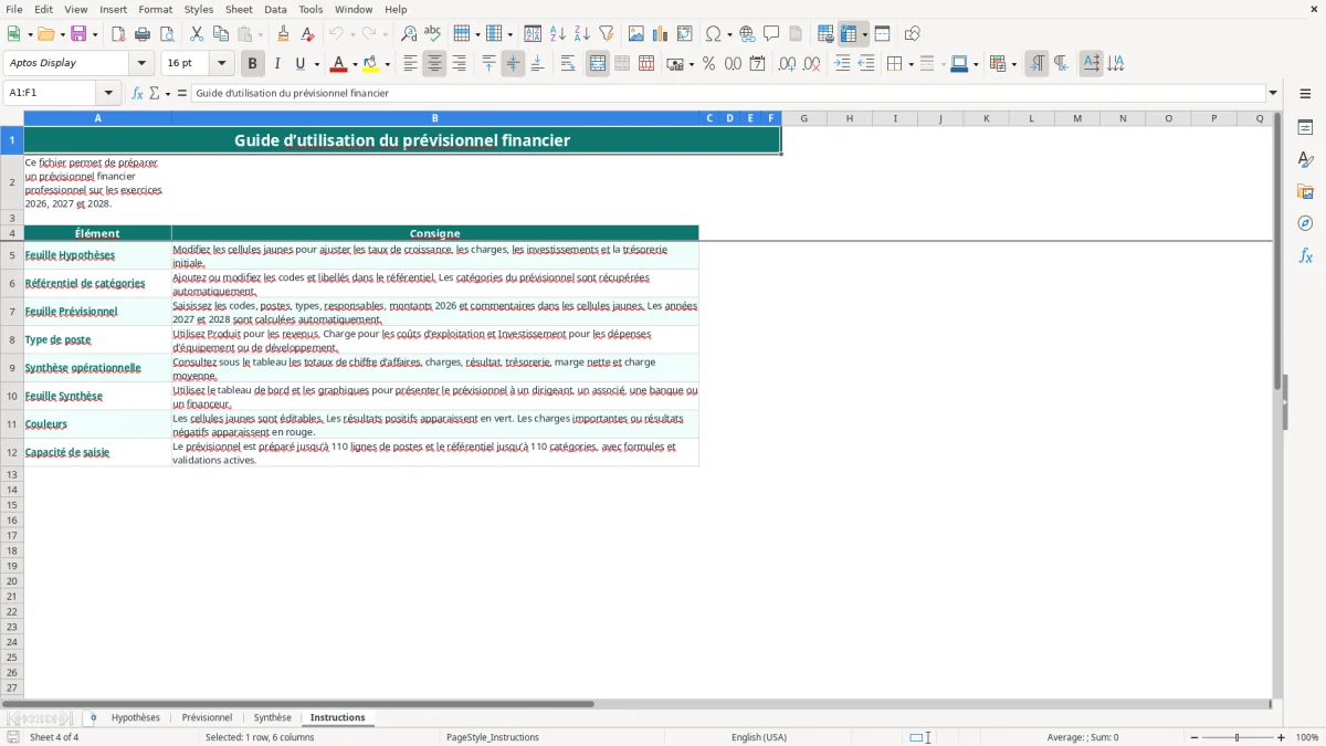 Capture 4 : feuille Instructions - Modèle Excel prévisionnel financier 3 ans excel