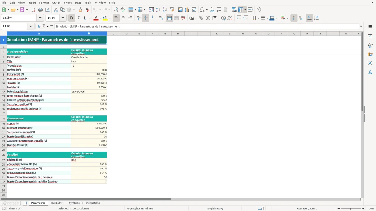 Capture 1 : feuille Paramètres - Modèle Excel simulation LMNP excel