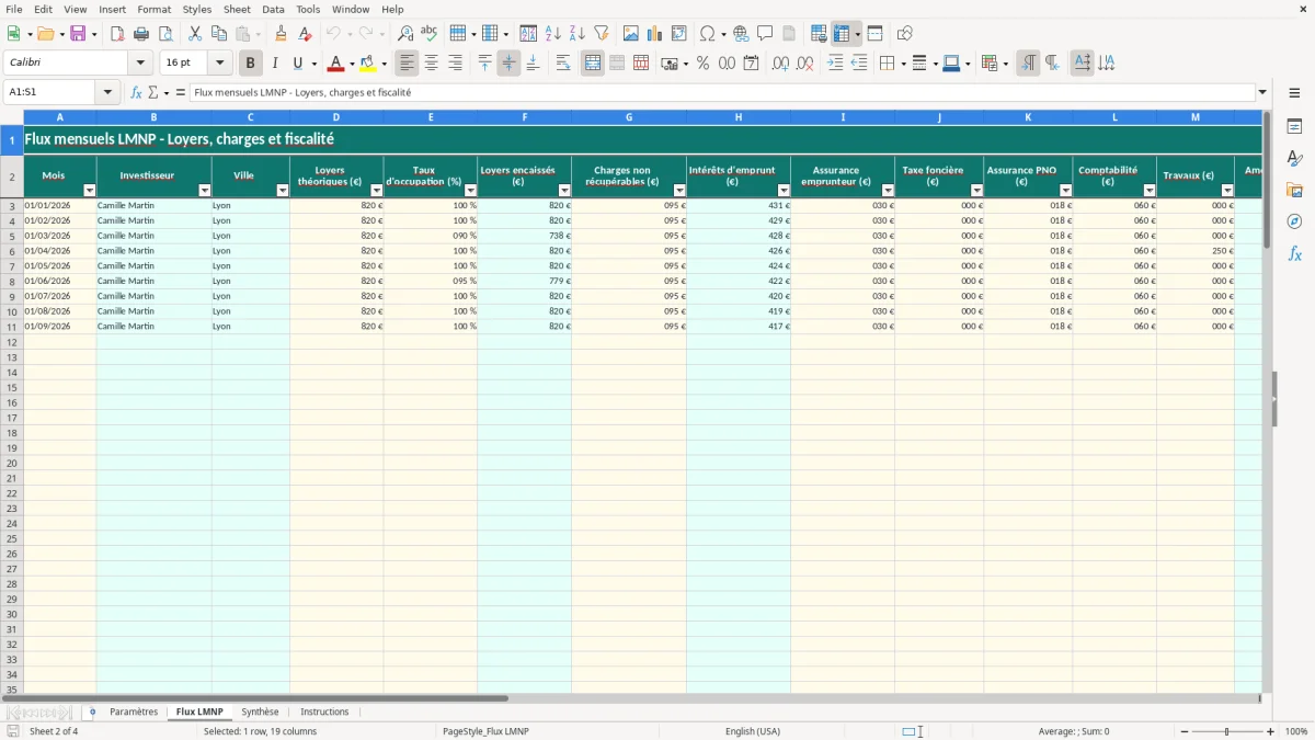 Capture 2 : feuille Flux LMNP - Modèle Excel simulation LMNP excel