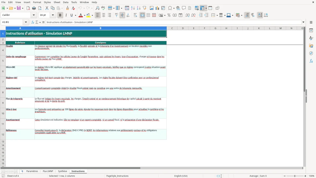 Capture 4 : feuille Instructions - Modèle Excel simulation LMNP excel