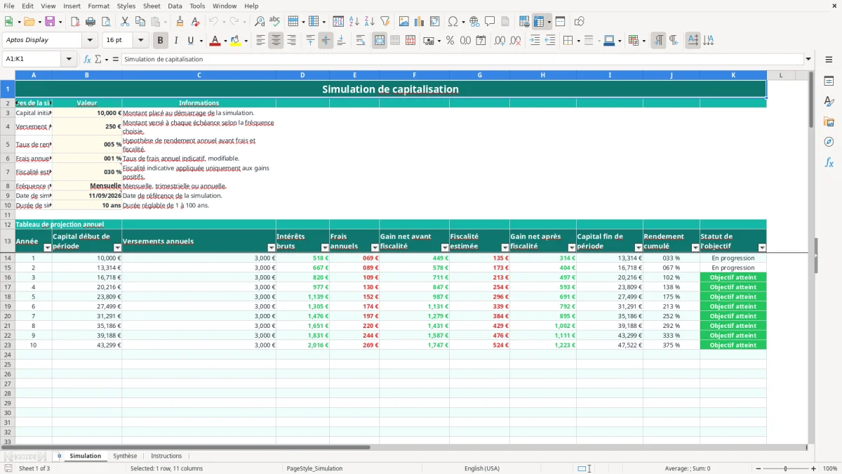 Capture 1 : feuille Simulation - Modèle Excel simulation capitalisation excel