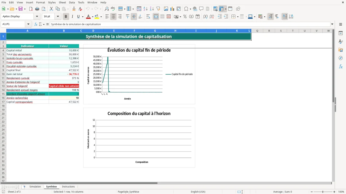 Capture 2 : feuille Synthèse - Modèle Excel simulation capitalisation excel