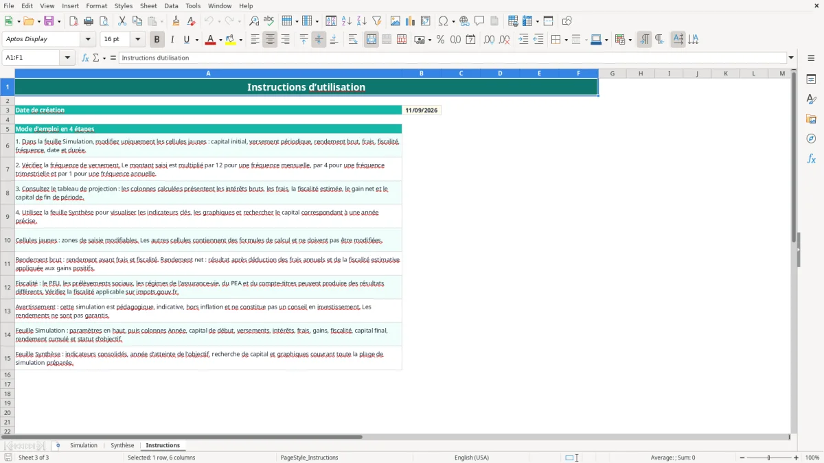 Capture 3 : feuille Instructions - Modèle Excel simulation capitalisation excel