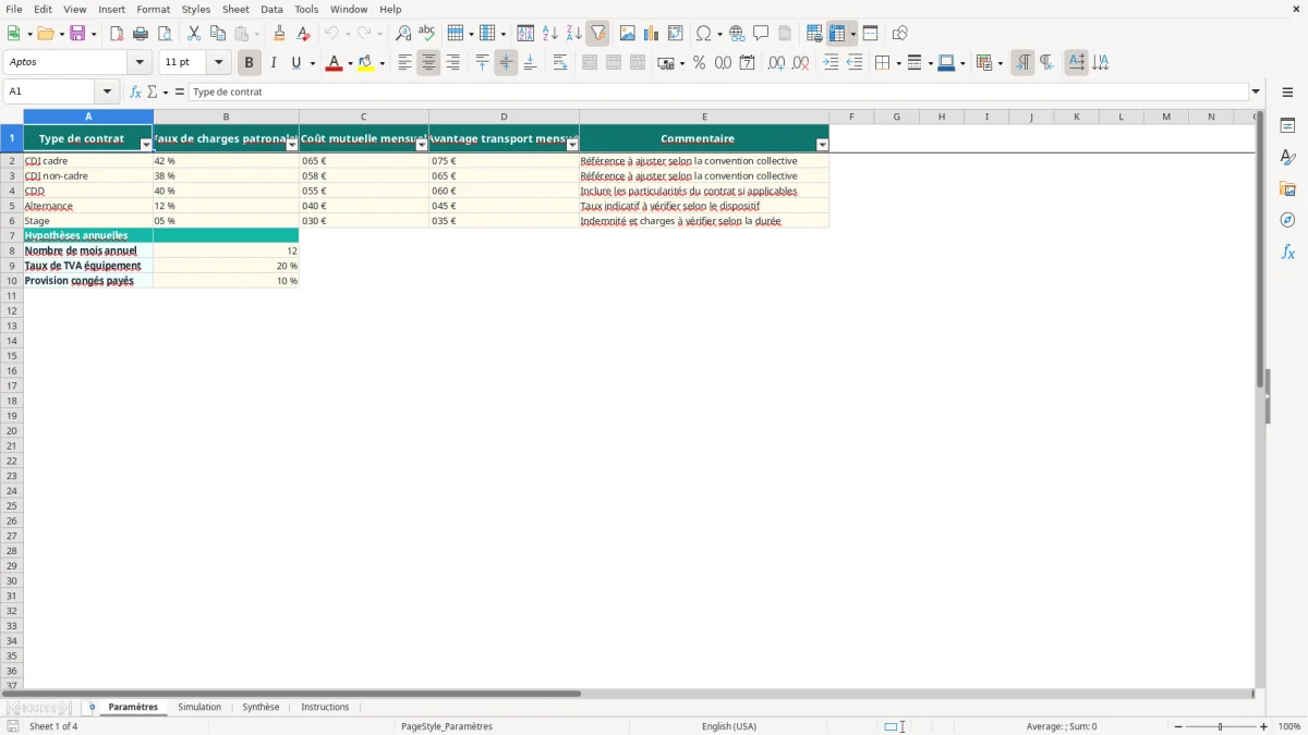 Capture 1 : feuille Paramètres - Modèle Excel simulation embauche coût excel