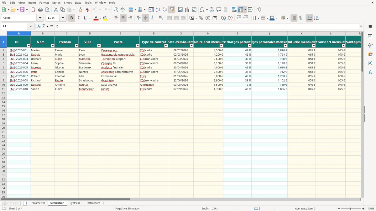 Capture 2 : feuille Simulation - Modèle Excel simulation embauche coût excel