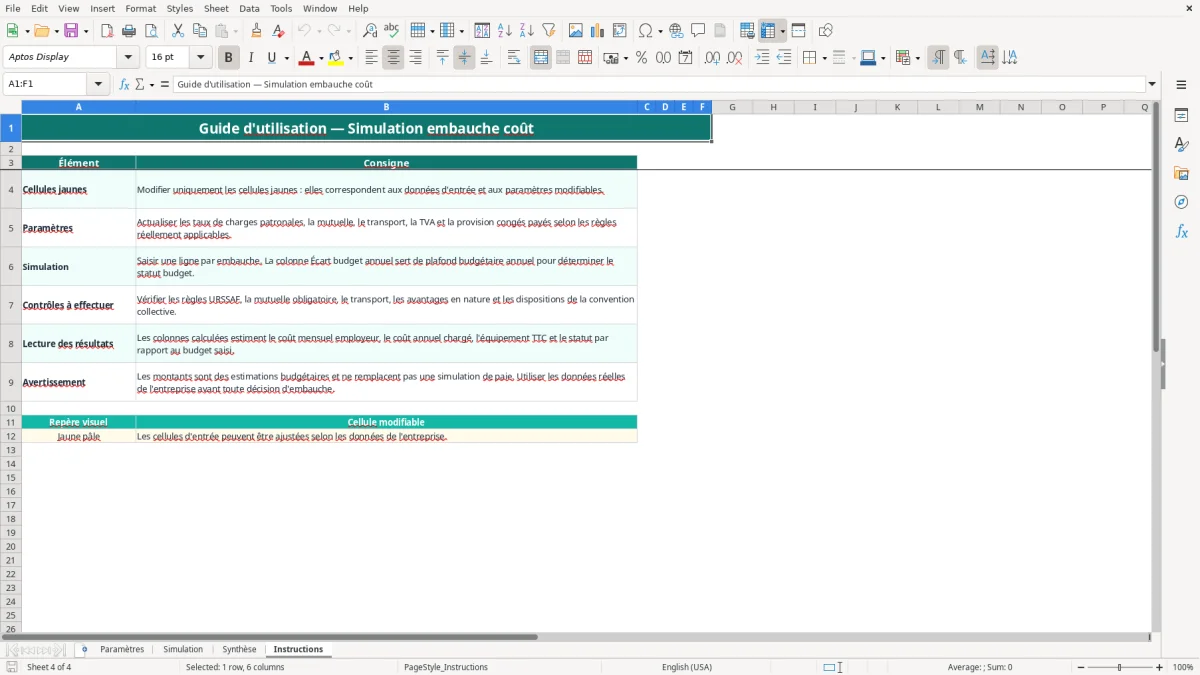 Capture 4 : feuille Instructions - Modèle Excel simulation embauche coût excel