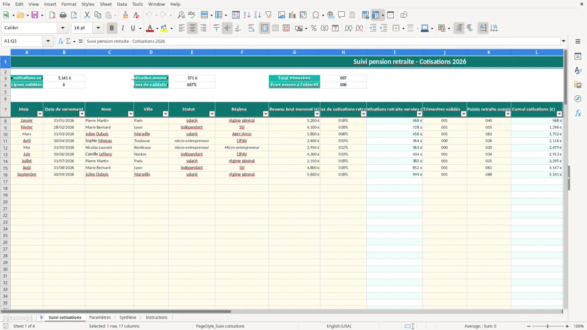 Capture 1 : feuille Suivi cotisations - Modèle Excel suivi pension retraite excel