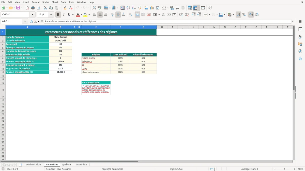 Capture 2 : feuille Paramètres - Modèle Excel suivi pension retraite excel