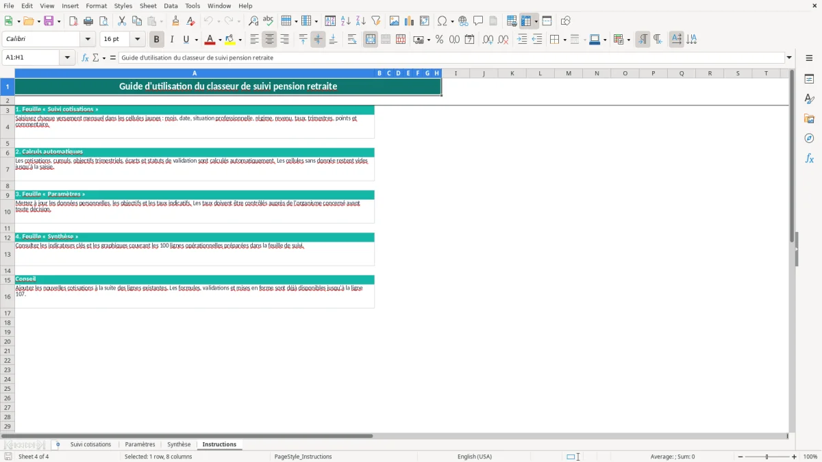 Capture 4 : feuille Instructions - Modèle Excel suivi pension retraite excel