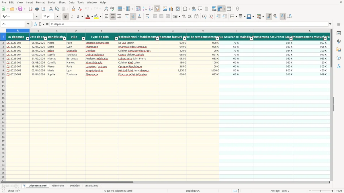 Capture 1 : feuille Dépenses santé - Modèle Excel tableau dépenses santé excel