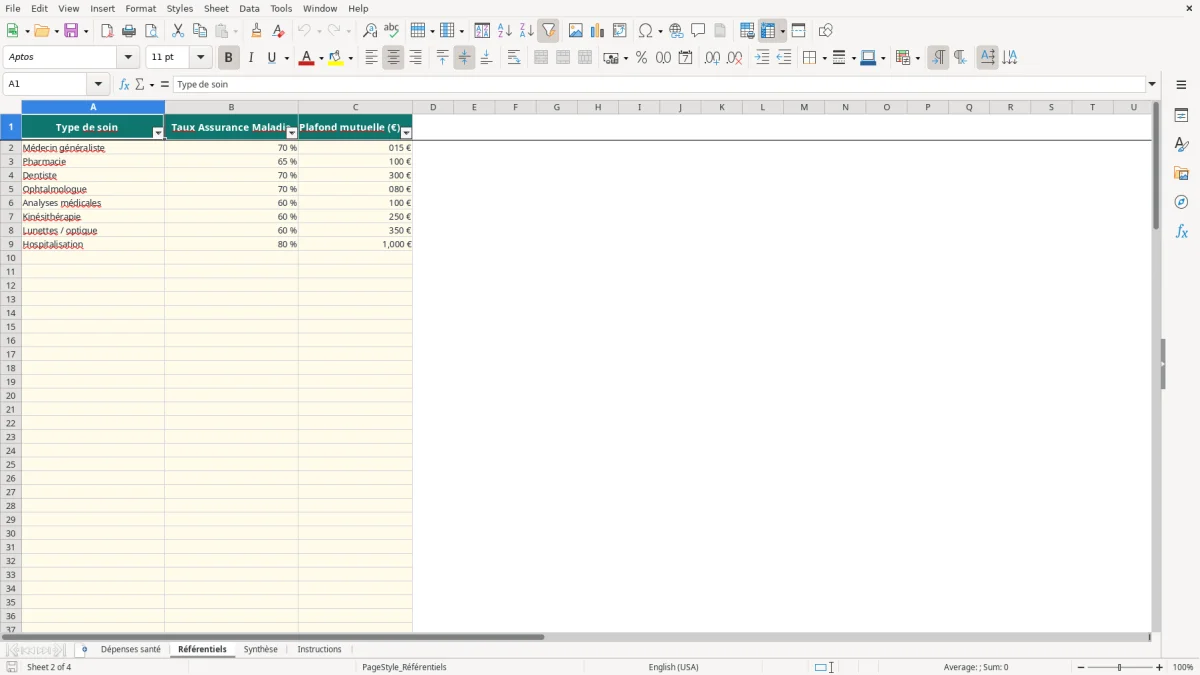 Capture 2 : feuille Référentiels - Modèle Excel tableau dépenses santé excel