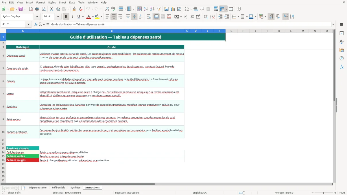 Capture 4 : feuille Instructions - Modèle Excel tableau dépenses santé excel