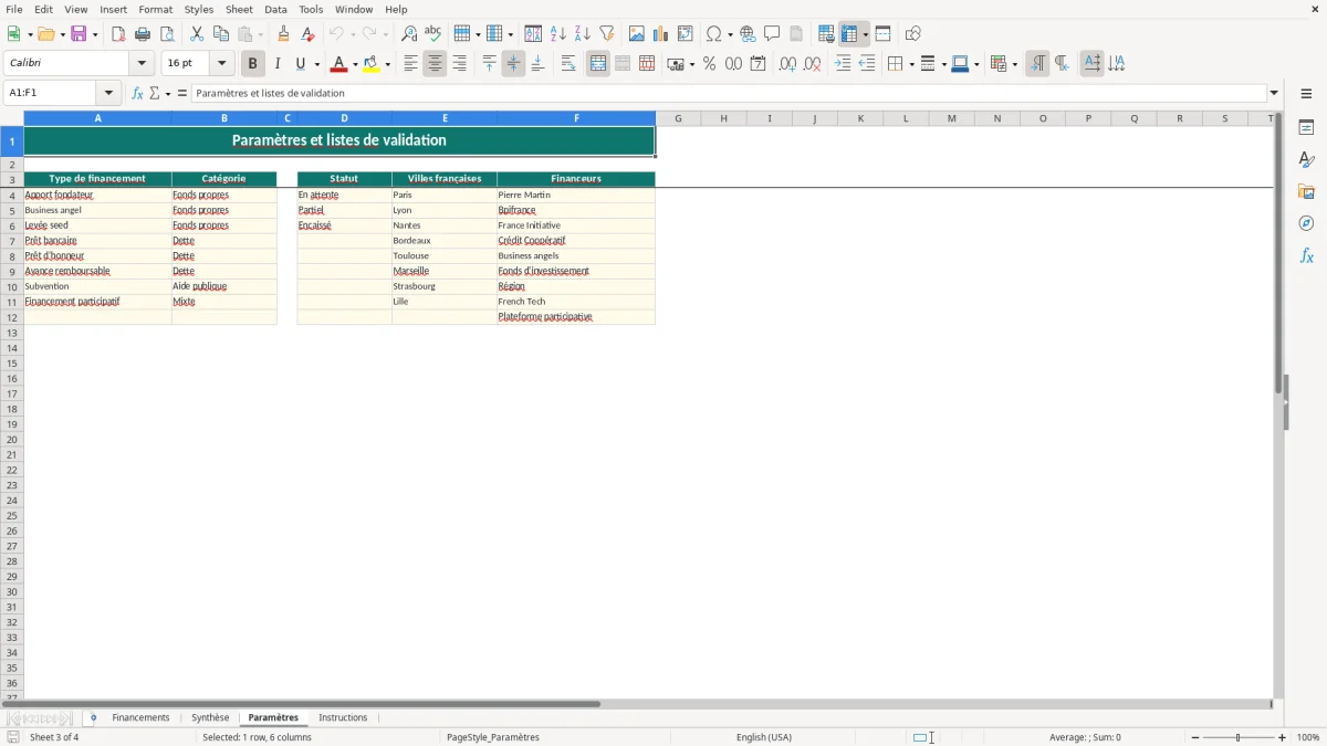 Capture 3 : feuille Paramètres - Modèle Excel tableau financement startup excel