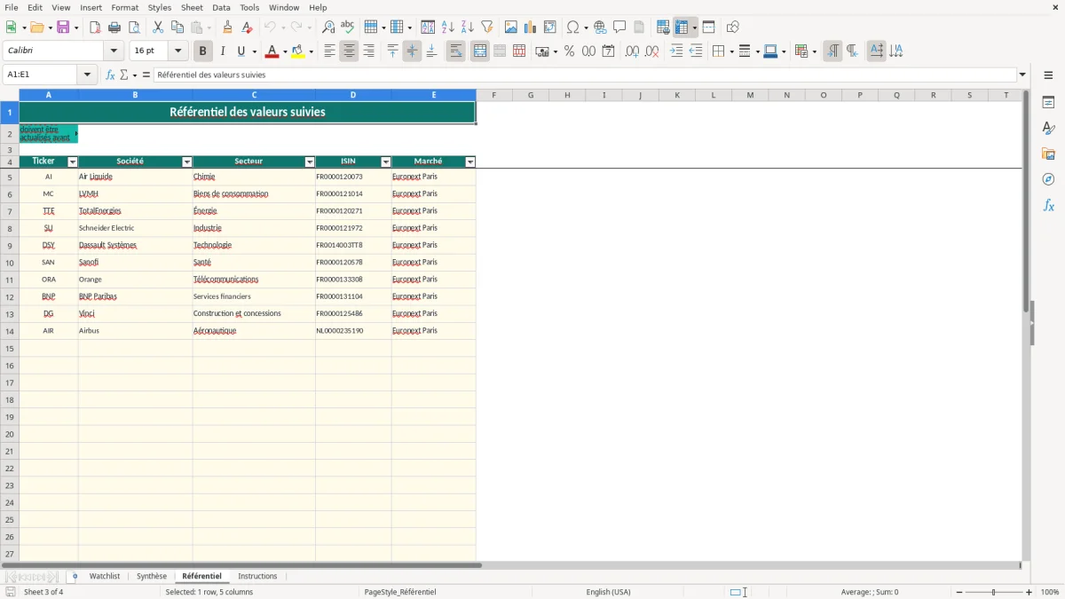 Capture 3 : feuille Référentiel - Modèle Excel tableau watchlist actions excel