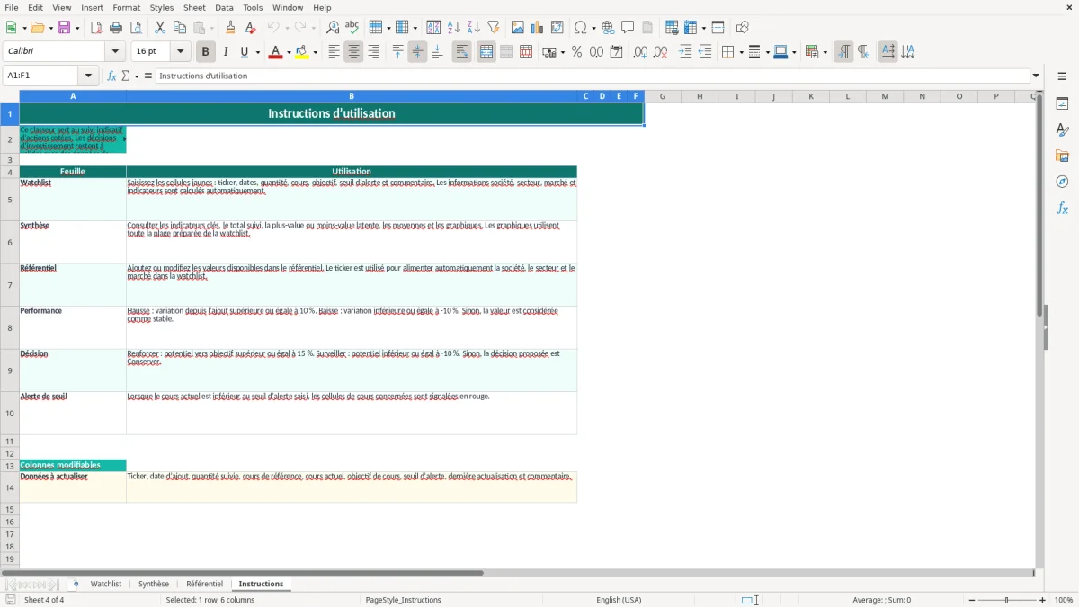 Capture 4 : feuille Instructions - Modèle Excel tableau watchlist actions excel